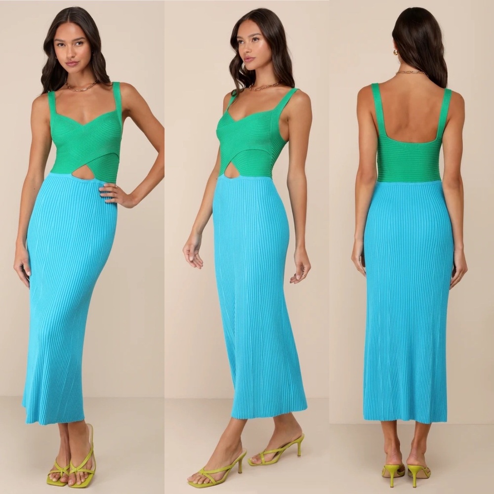 Green Blue Color Block Ribbed Cutout Dress